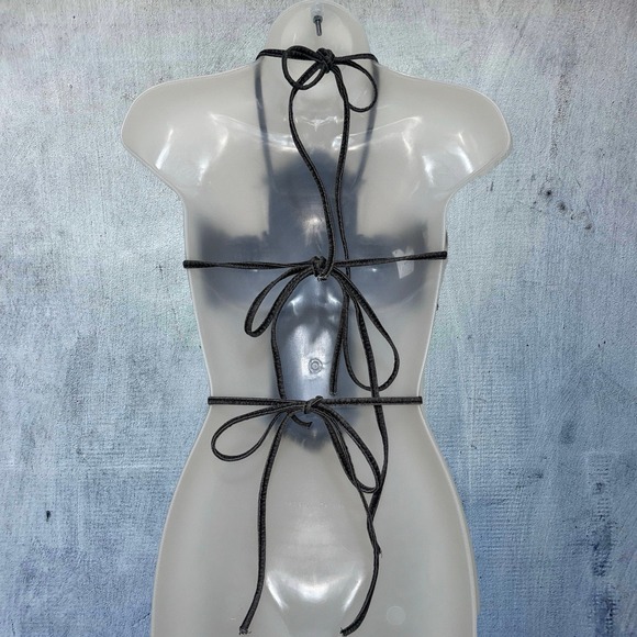 New Medium Denim Fringe Cross Backless Halter Top Crop Blouse Sleeveless Sexy - Picture 4 of 4